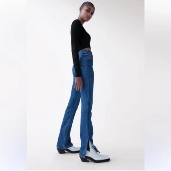 Zara High Rise Flare Slit Leg Retro Jeans 4 - Picture 1 of 10